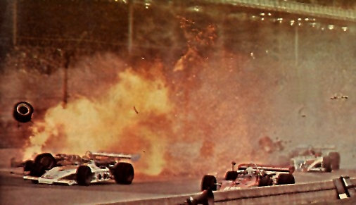 Mel squeezes by the Salt Walther accident at Indy 1973